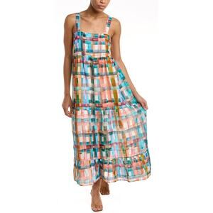 Marie Oliver Petra Multicolor Plaid Sleeveless Square Neck Flounce Midi Dress S